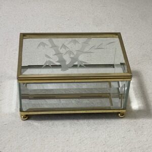Vintage Glass Brass Mirrored Jewelry Trinket Vanity Display Box Etched‎ Bamboo